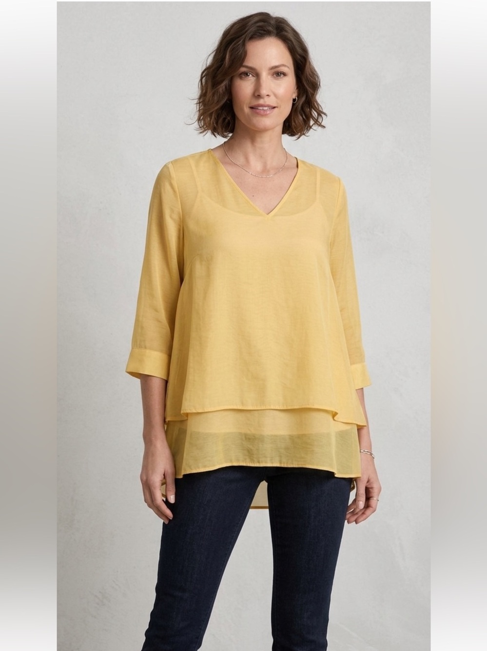 Chico’s Flowy Sheer Blouse Size 1Tiered Layered Lightweight V-Neck Tunic Yellow